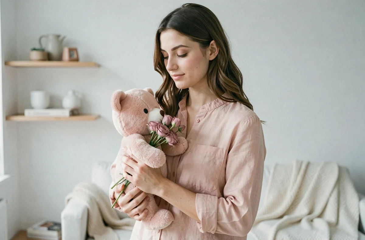 Jeune femme tenant un ourson en peluche rose poudré avec des fleurs séchées dans un intérieur minimaliste, évoquant douceur et amitié sincère