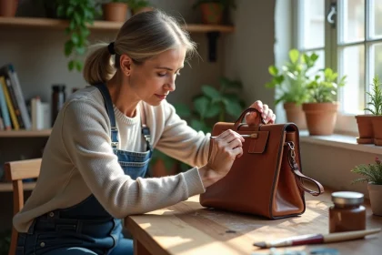 Femme peignant un sac en cuir marron avec précision