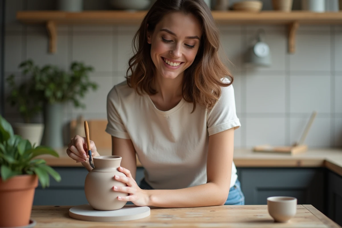 Jeune femme peignant une vasque en argile faite main dans une ambiance calme