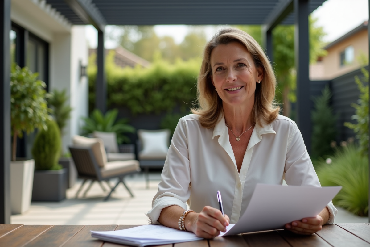 Femme d'âge moyen travaillant sous une pergola extérieure