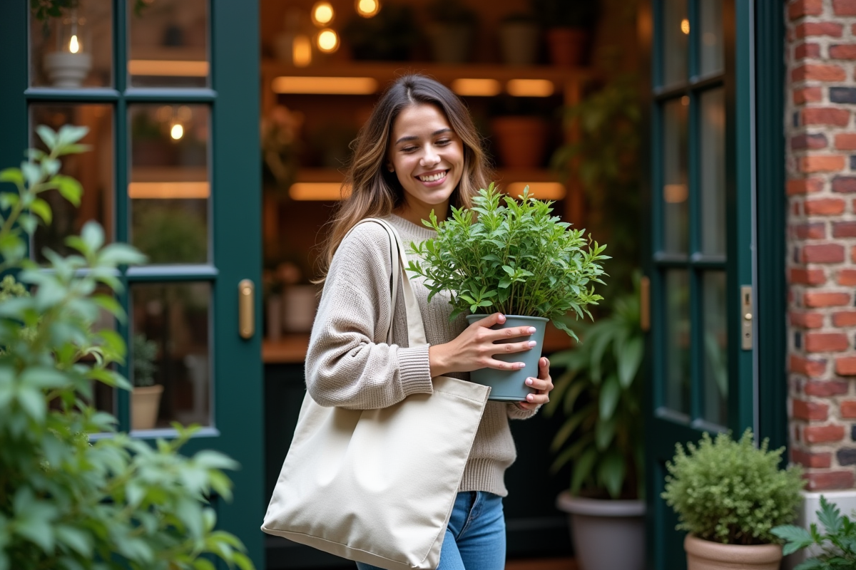 Femme souriante plaçant une plante dans un sac en toile devant une boutique de plantes