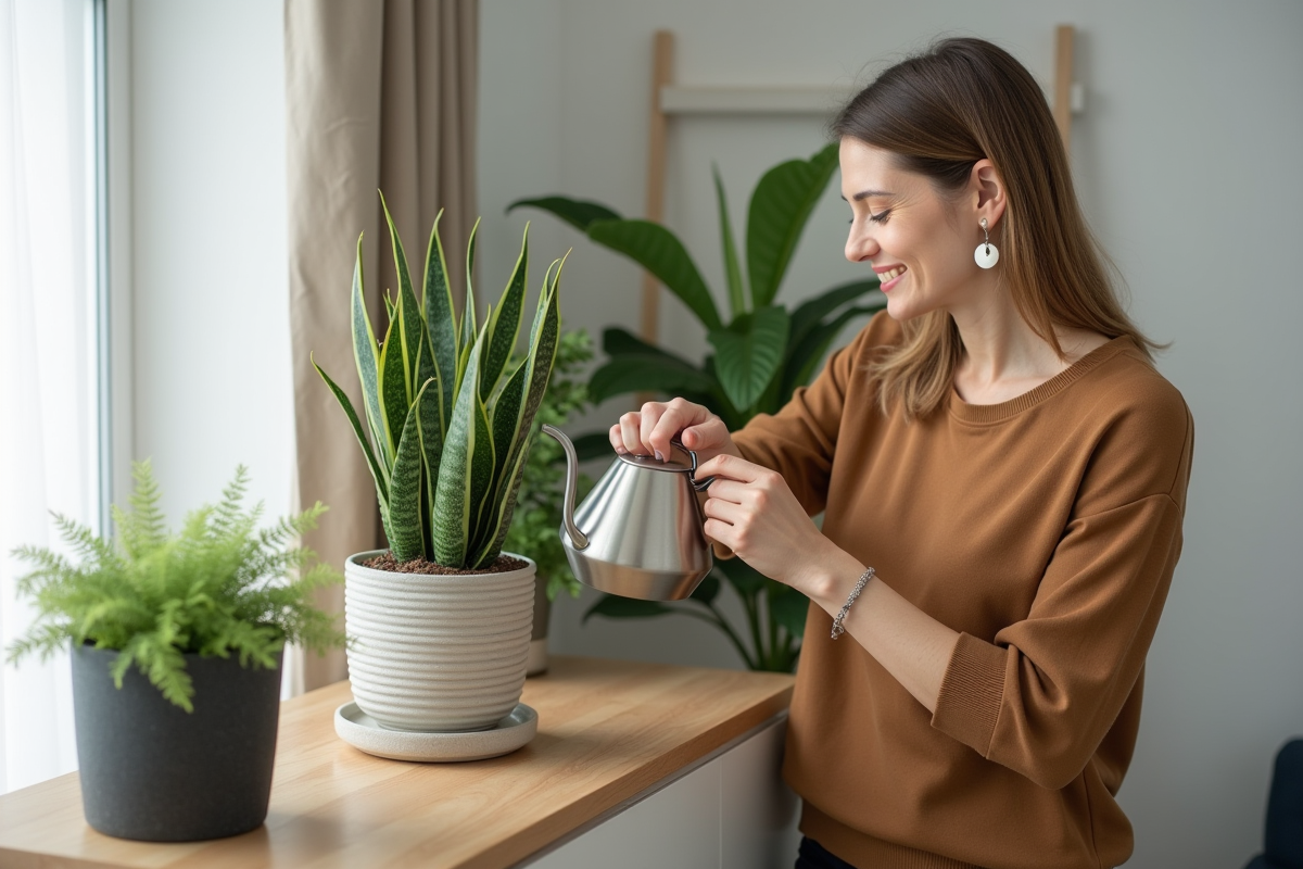 Femme souriante arrosant plantes d'intérieur dans un salon cosy