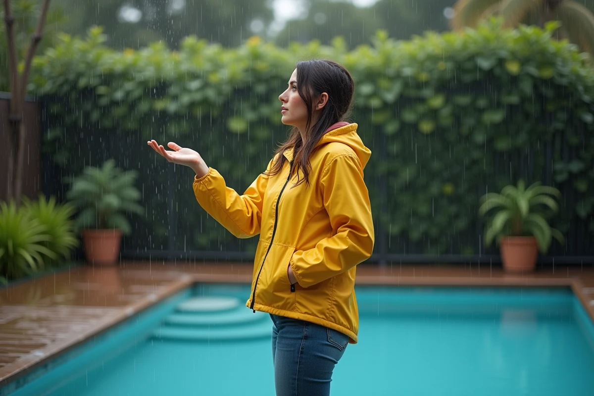 Femme en pluie regarde son bassin avec contemplation