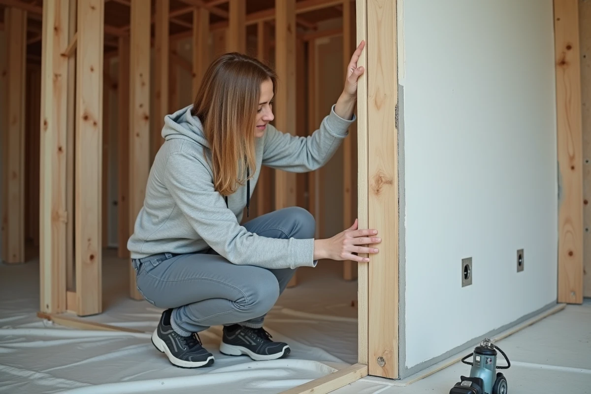 Jeune femme fixant du placo dans un salon neuf