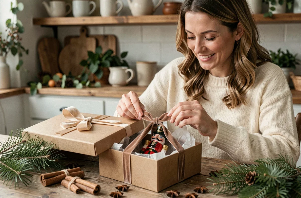 Femme en pull en laine préparant un coffret cadeau de Noël avec un casse-noisette peint dans une cuisine rustique décorée