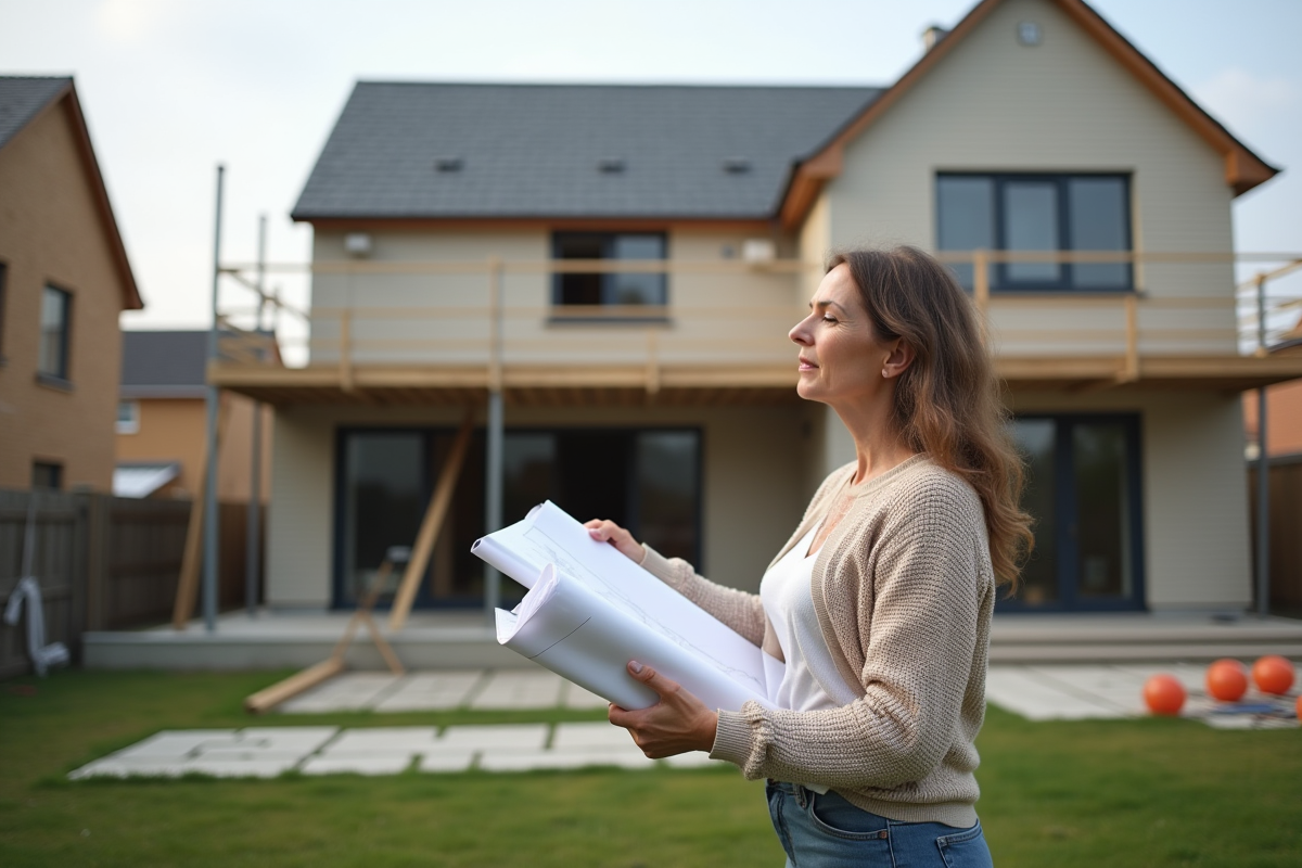 Femme regardant des plans de l'extension de maison