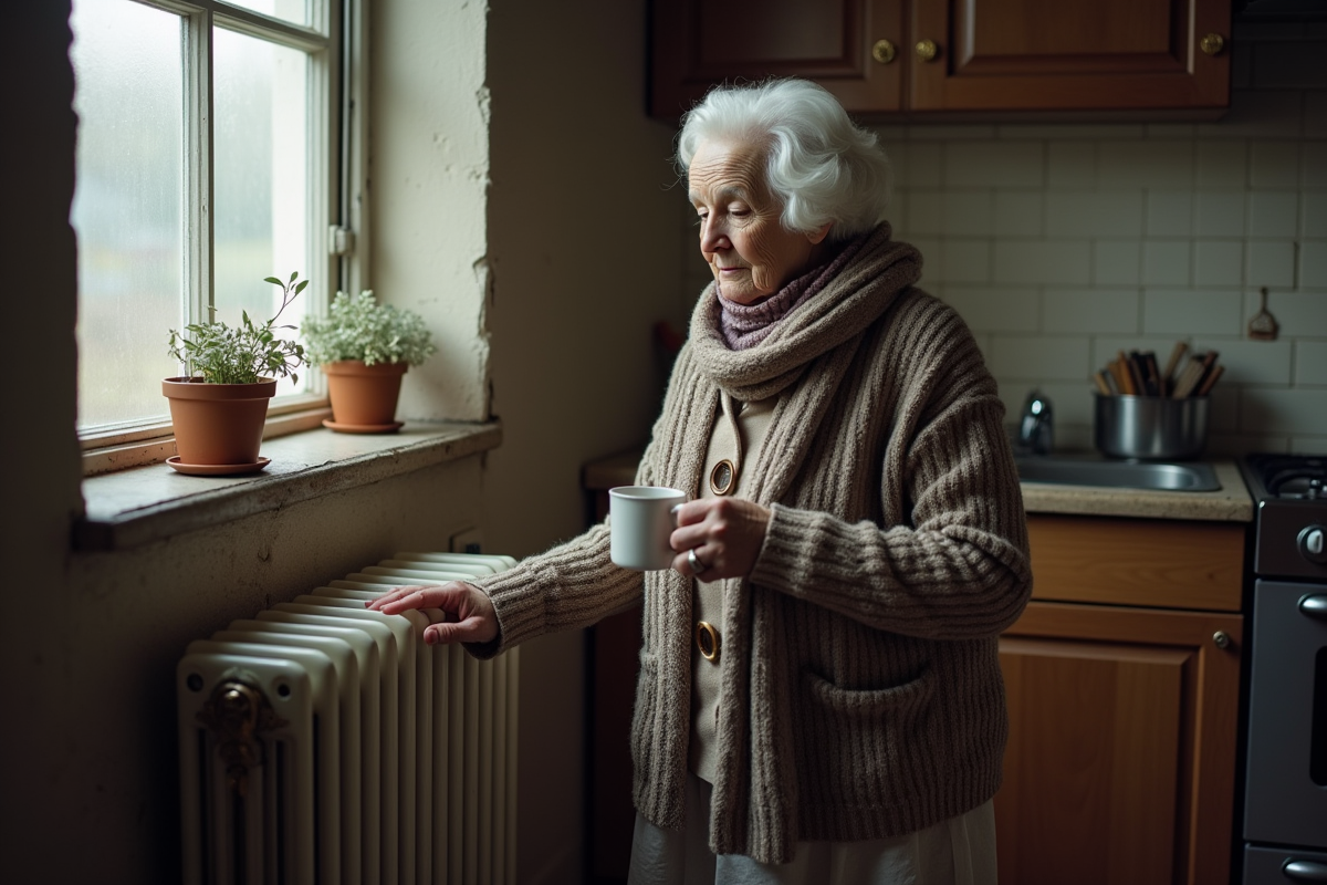 Femme âgée ajustant un radiateur dans une cuisine ancienne