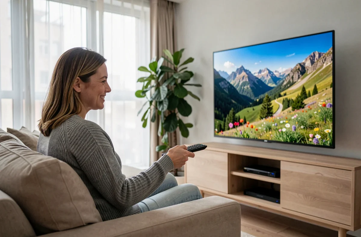 Femme regardant une image 4K nette sur un grand téléviseur dans un salon contemporain