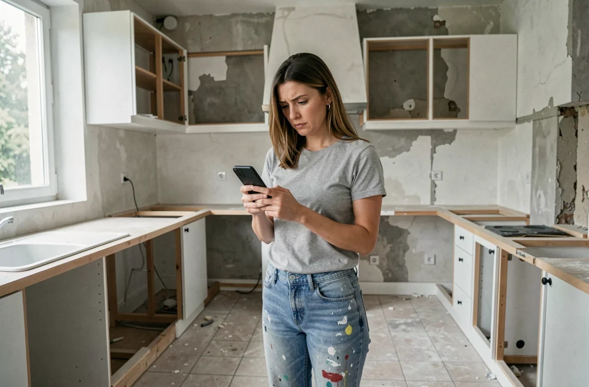 Femme consultant des avis en ligne sur son smartphone dans une cuisine en cours de rénovation