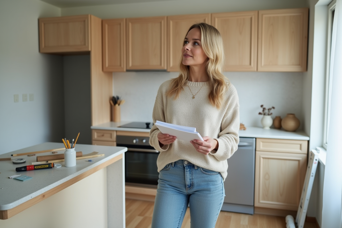 Femme en jeans dans une cuisine en rénovation tenant un nuancier