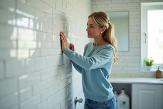 Femme appliquant du papier peint dans une salle de bain moderne