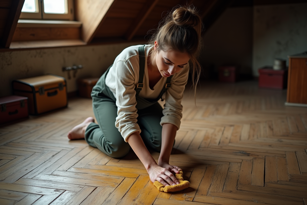 Jeune femme appliquant de la cire sur un parquet ancien dans un grenier