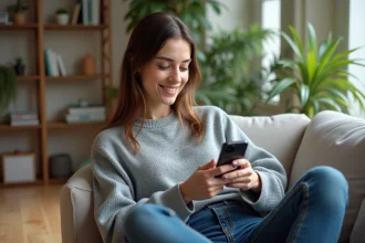 Jeune femme utilisant un smartphone pour une visite 3D de maison