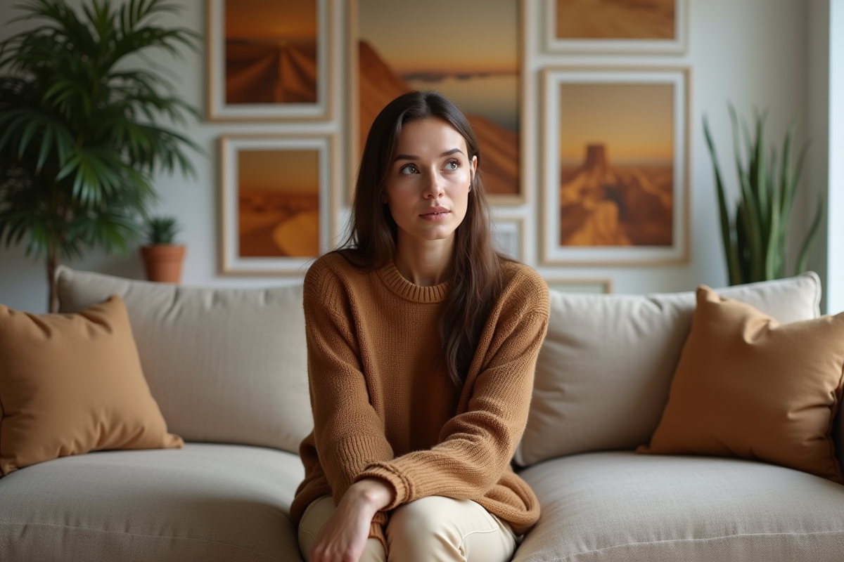 Femme en pull marron et pantalon beige dans un salon moderne