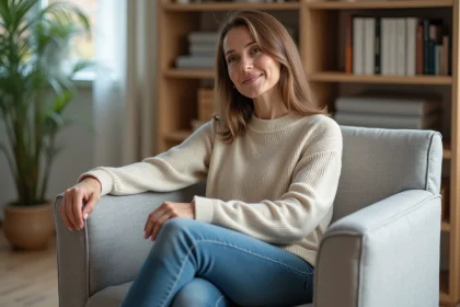 Femme assise dans un salon moderne avec un fauteuil en tissu stretch