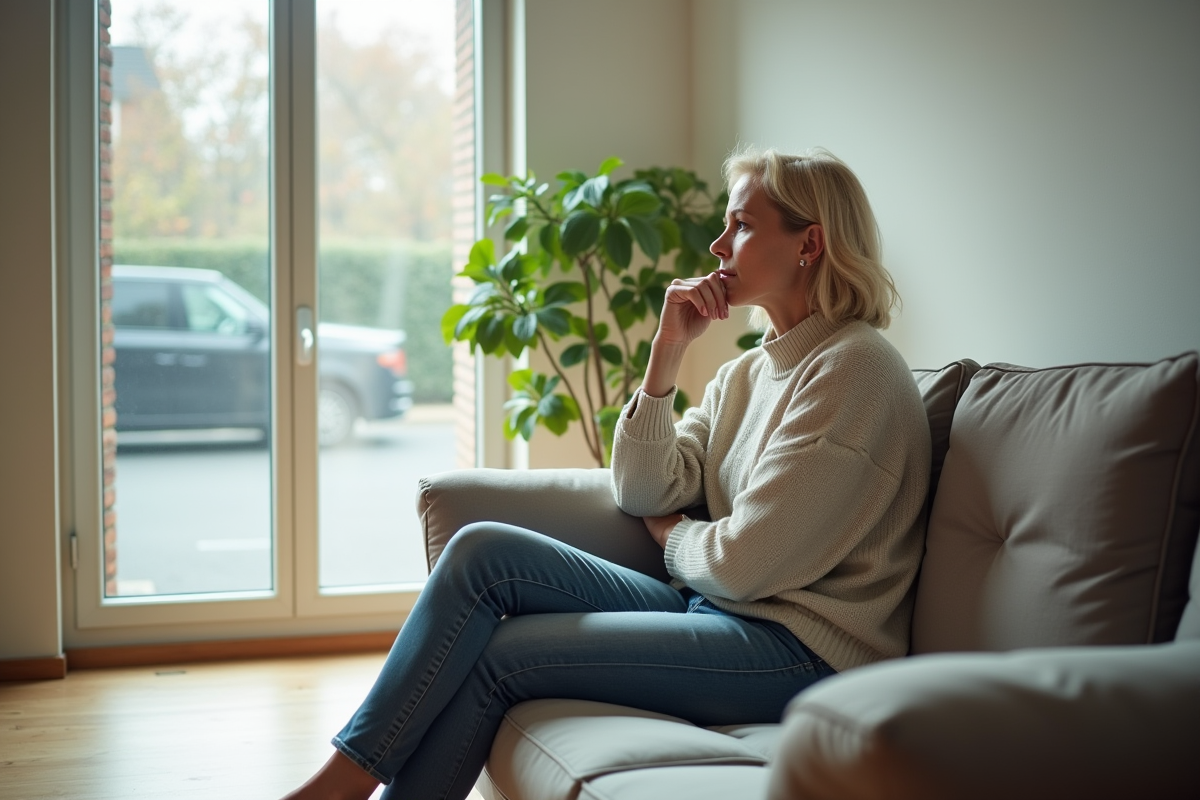 Femme assise sur un canapé dans un salon lumineux