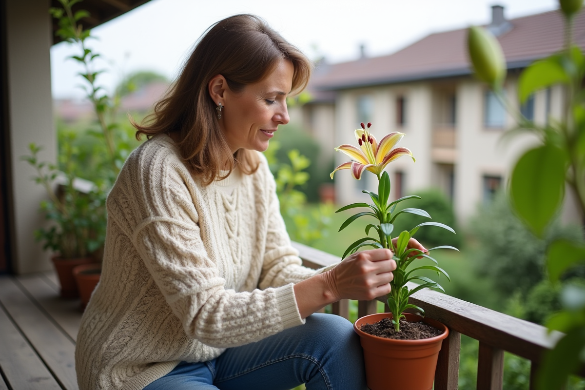 Femme examinant une lys dans un balcon en été