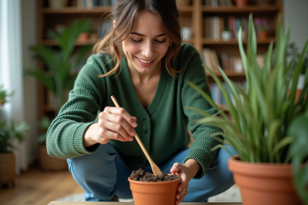 Femme inspectant le sol d'une plante d'intérieur avec un cure-dent