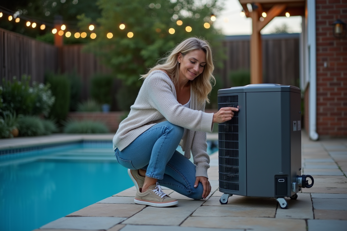 Femme ajustant une pompe à chaleur de piscine en extérieur