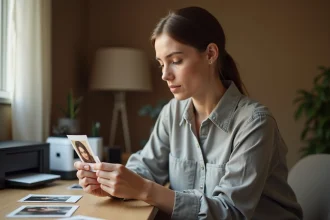 Femme examinant un tirage photo imprimé à la maison avec une imprimante photo professionnelle sur le bureau en arrière-plan