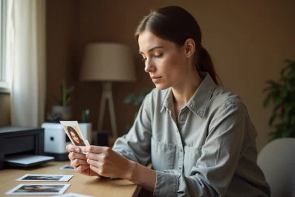 Femme examinant un tirage photo imprimé à la maison avec une imprimante photo professionnelle sur le bureau en arrière-plan