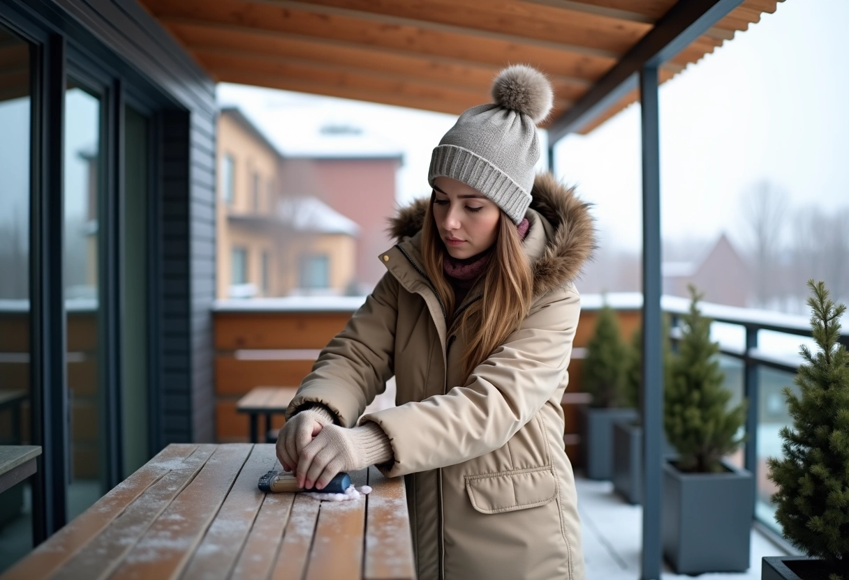 Femme appliquant un traitement sur une pergola moderne enneigée