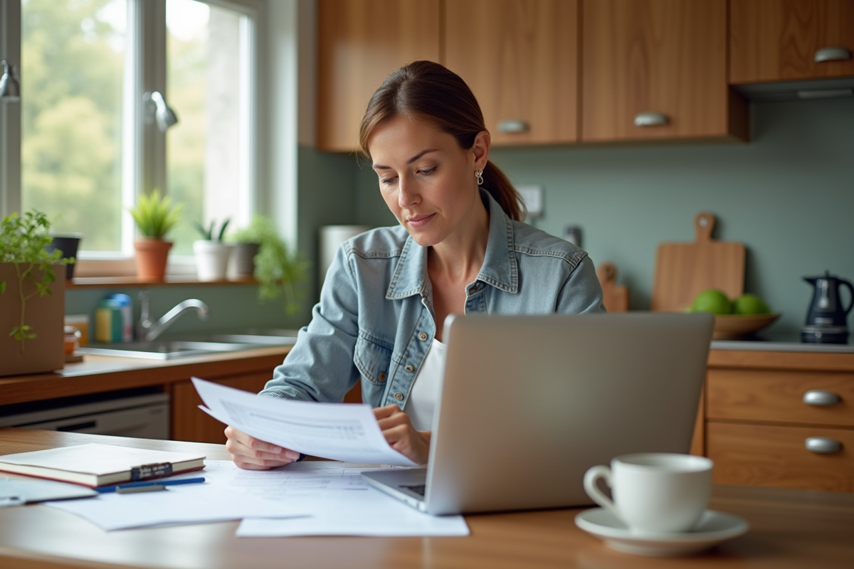 Femme d'âge moyen travaillant sur son ordinateur dans une cuisine lumineuse