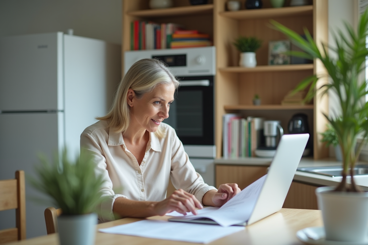 Femme d'âge moyen travaillant à la maison avec documents et ordinateur