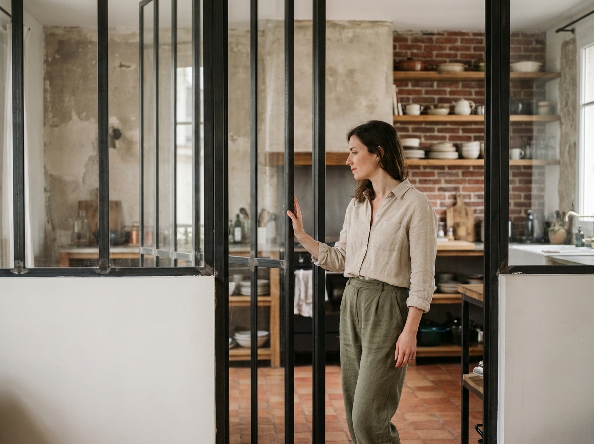Femme debout près d'une verrière industrielle dans un appartement parisien rénové séparant le séjour de la cuisine