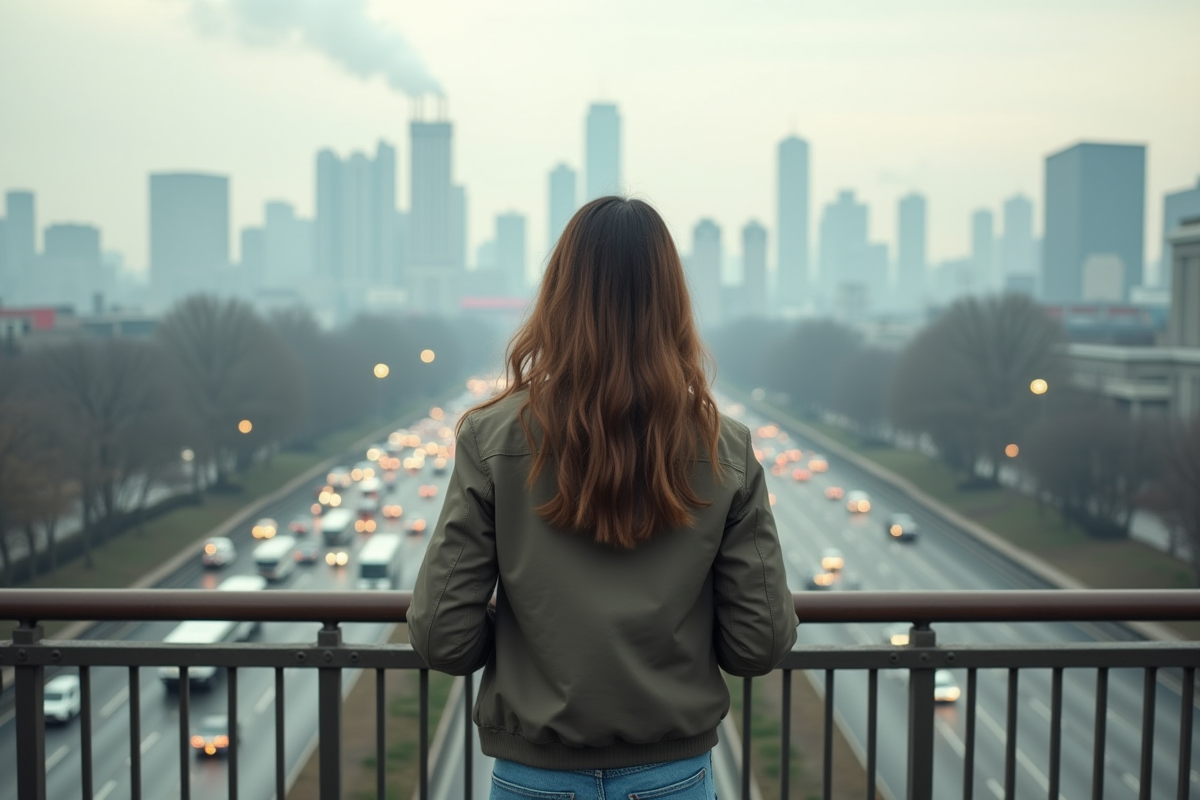 Jeune femme observant un horizon urbain pollue
