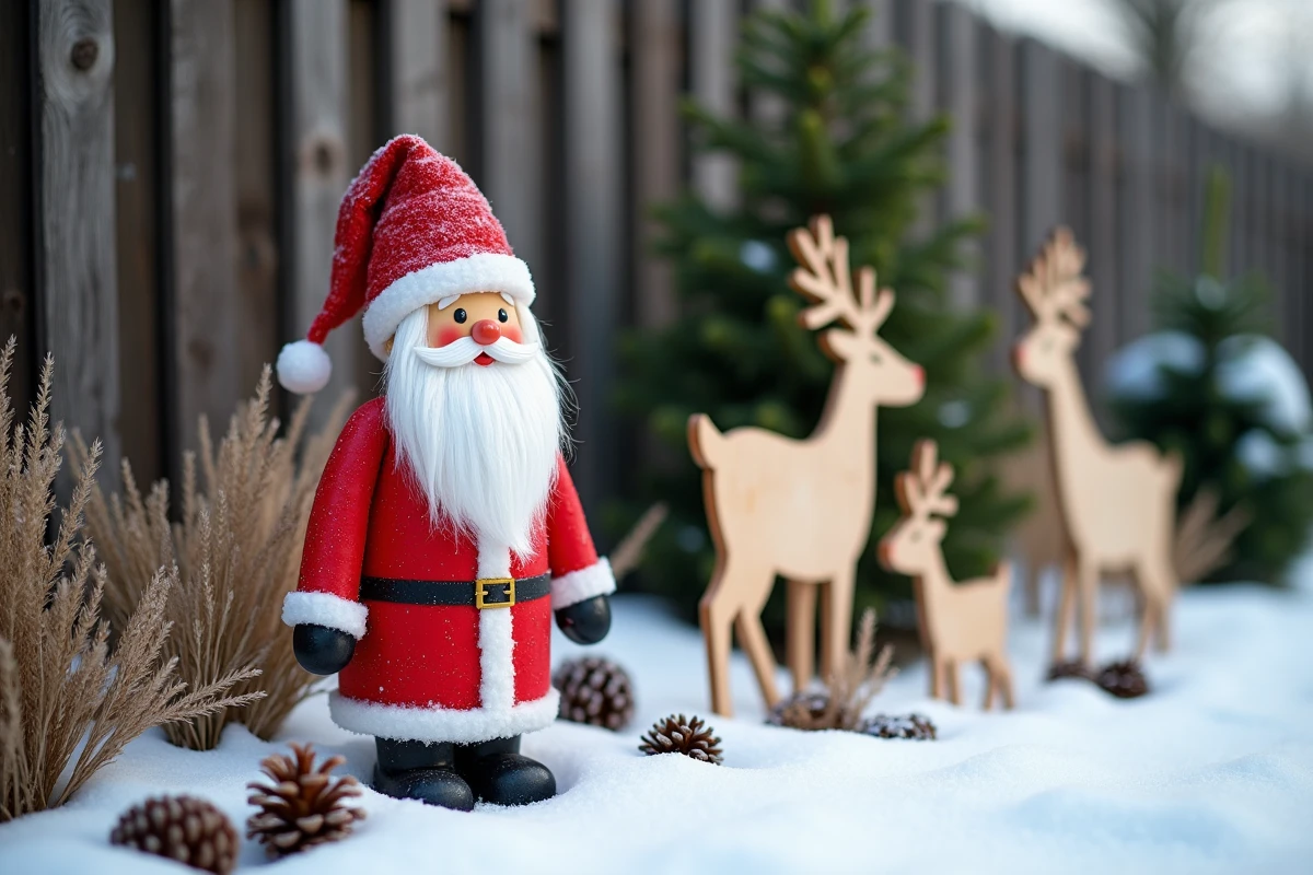 Figurine Père Noël en bois artisanal dans un jardin enneigé avec rennes décoratifs en bois peint
