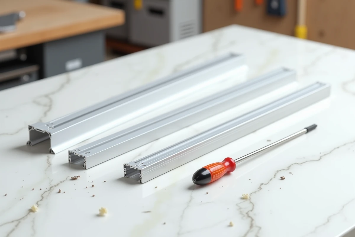 Flat-lay de cornières en aluminium pour LED avec bande LED et accessoires sur surface marbre blanche en atelier