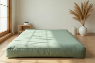 Futon matelas pliable en coton bio vert sauge plié sur un sol en bois minimaliste dans un salon de style japonais contemporain 2026