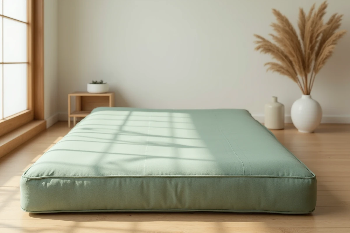 Futon matelas pliable en coton bio vert sauge plié sur un sol en bois minimaliste dans un salon de style japonais contemporain 2026