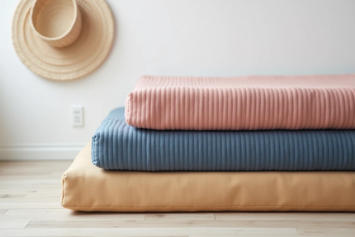 Trois futons matelas pliables empilés en rose poudré, bleu ardoise et sable chaud montrant différentes textures tendance 2026