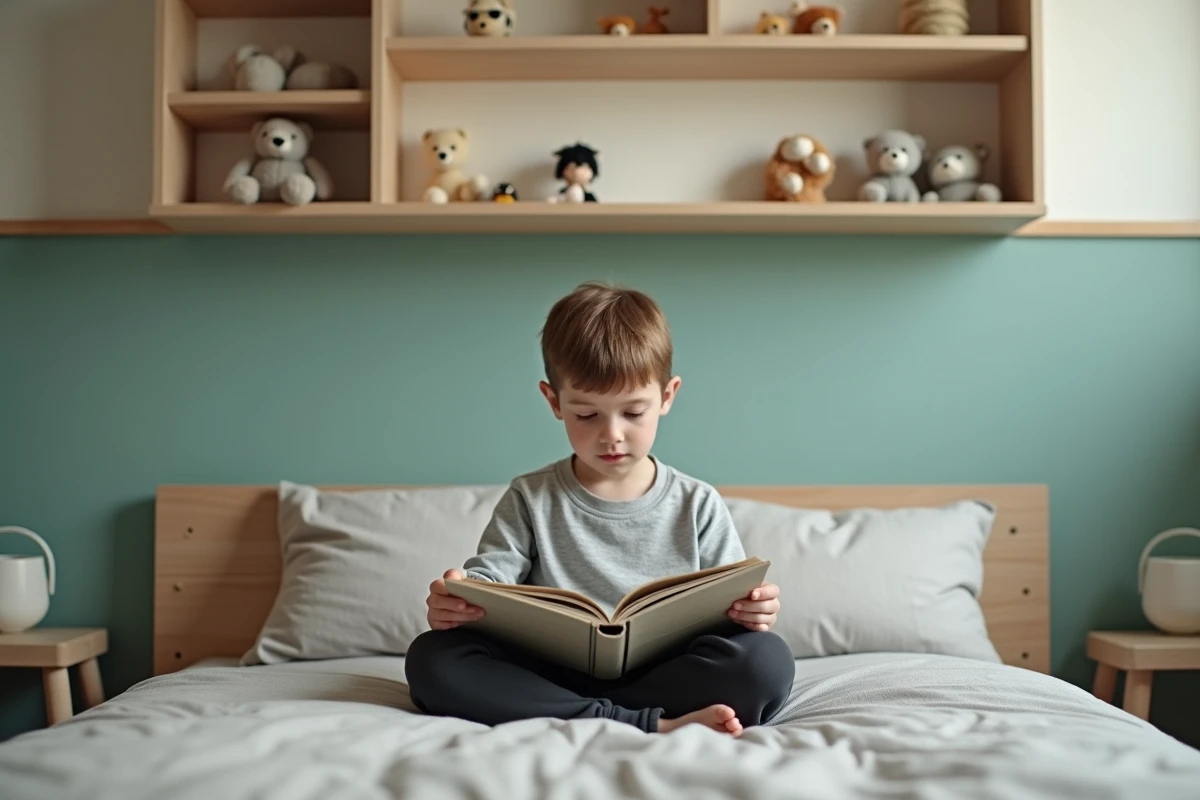 Garçon lisant dans sa chambre aux murs bicolores bleu canard et blanc cassé, exemple de combinaison de couleurs non agressives pour enfant