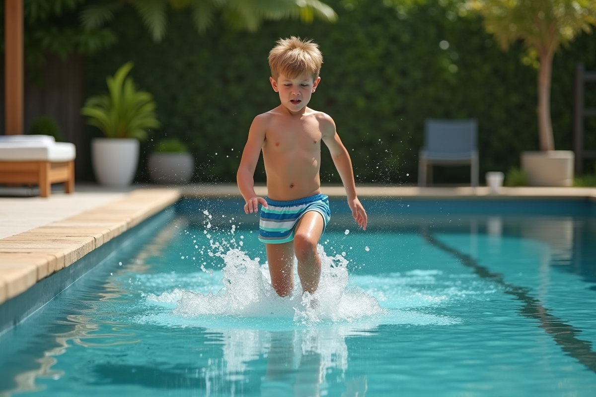 Jeune garçon nageant dans une piscine extérieure en été