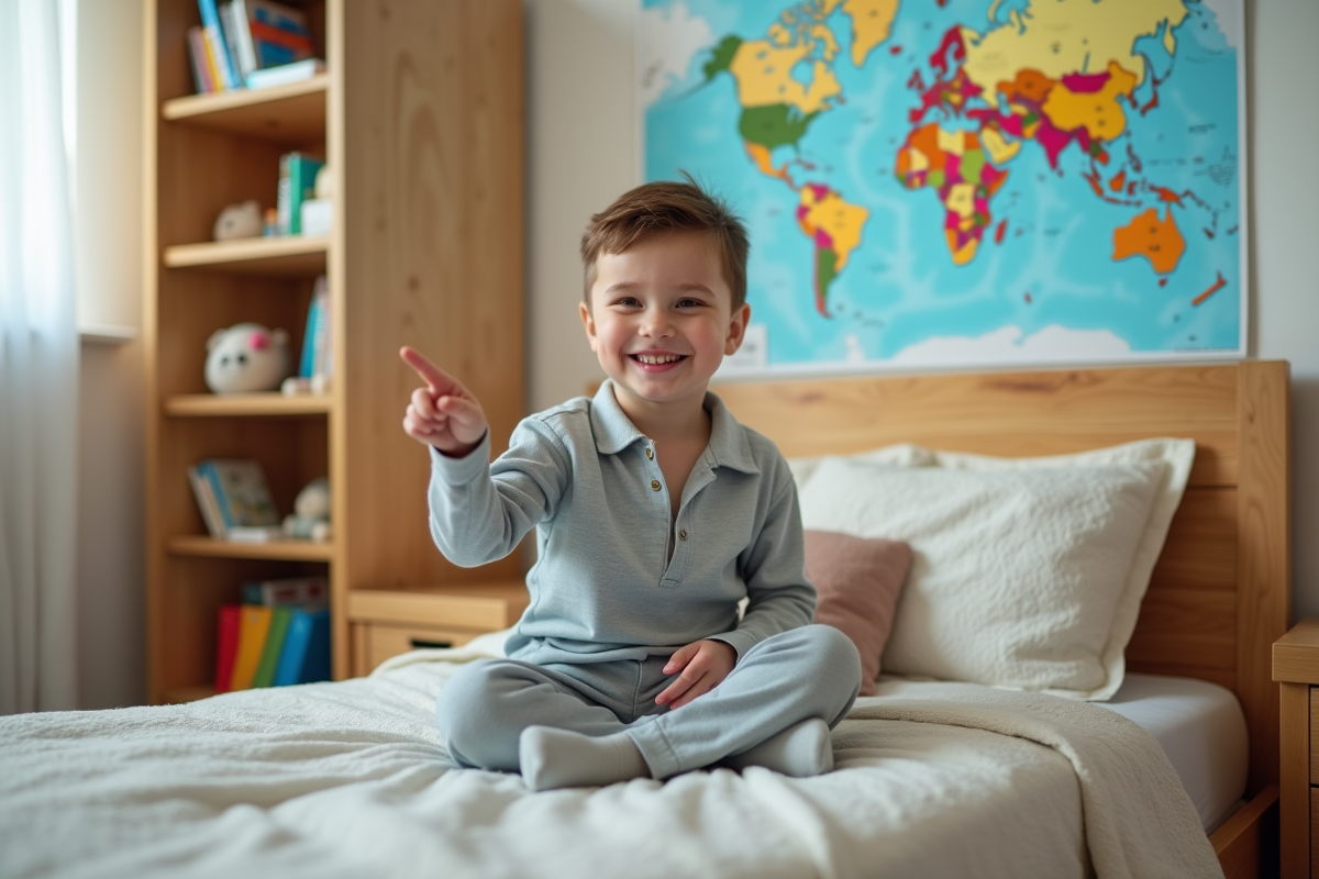 Garçon souriant en pyjama dans sa chambre organisée