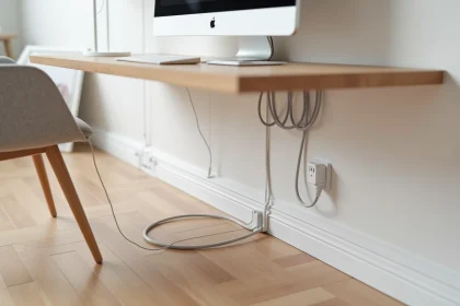 Goulotte en plastique blanche fixée en plinthe sous un bureau en bois, organisant les câbles PC et box internet dans un bureau moderne