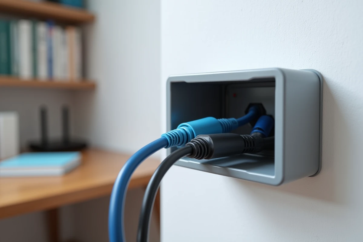 Gros plan sur une goulotte plastique grise ouverte fixée au mur, révélant les câbles ethernet et HDMI organisés à l'intérieur d'un bureau à domicile
