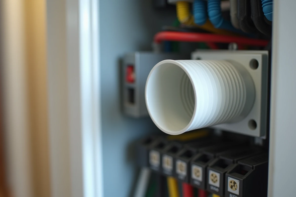 Goulotte PVC blanche avec câbles organisés à l'intérieur d'un tableau électrique résidentiel