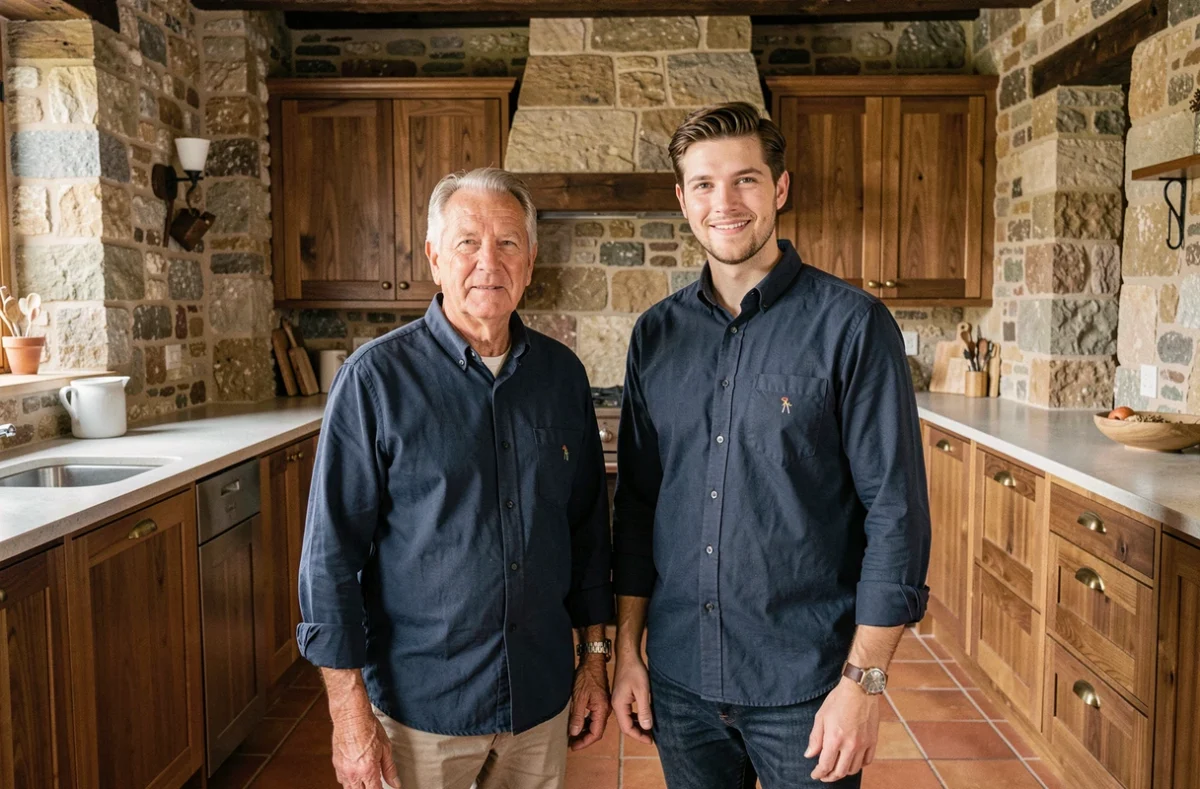 Père et fils cuisinistes posant devant une cuisine sur mesure installée dans une ferme bourguignonne
