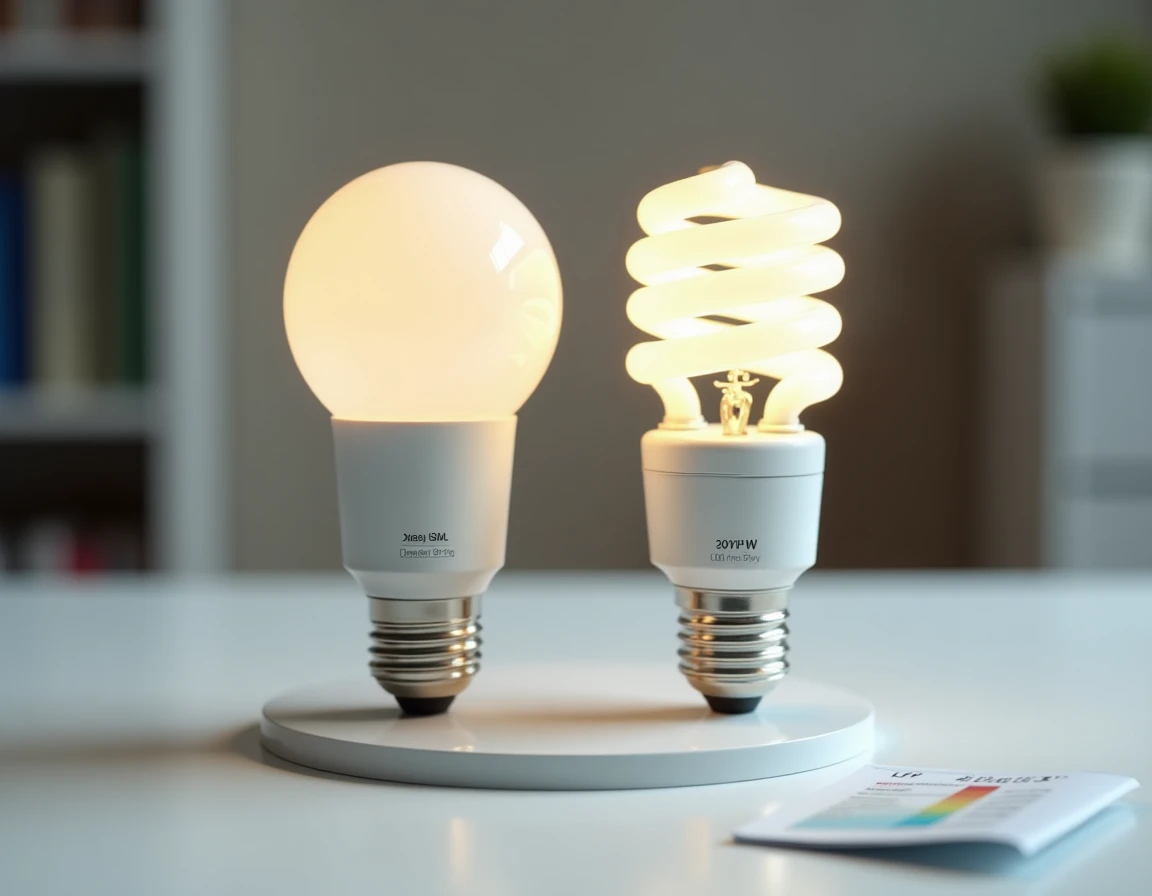 Gros plan sur deux ampoules incandescente et LED avec indication des lumens et watts pour comparaison énergétique