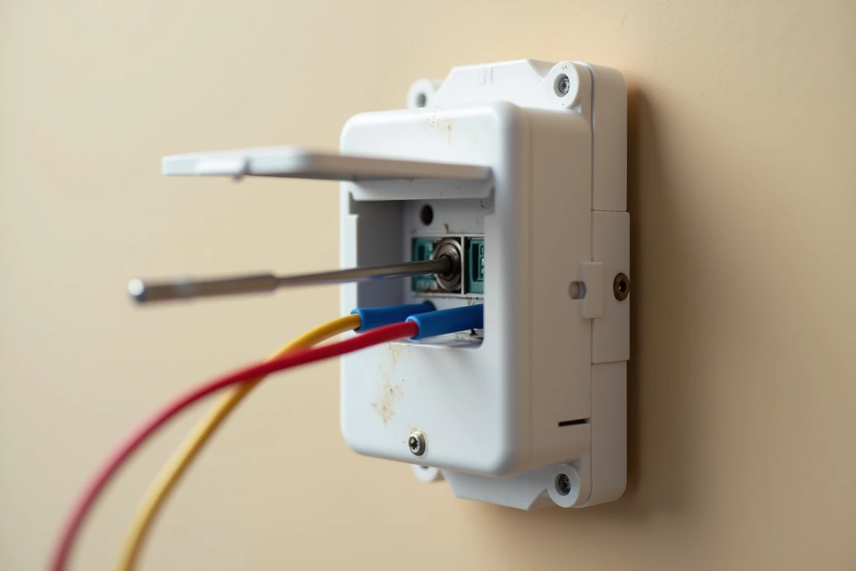 Gros plan sur les bornes de câblage d'un bloc BAES ouvert avec fils électriques connectés lors d'une maintenance