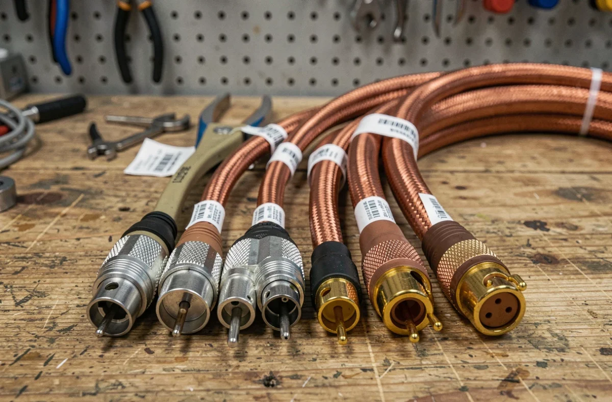 Gros plan sur plusieurs câbles coaxiaux avec connecteurs F-type sur un établi d'atelier électronique