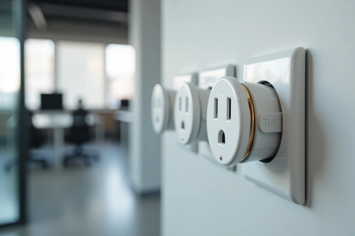 Gros plan sur une prise électrique double montée dans une goulotte PVC blanche avec câblage apparent en milieu de bureau