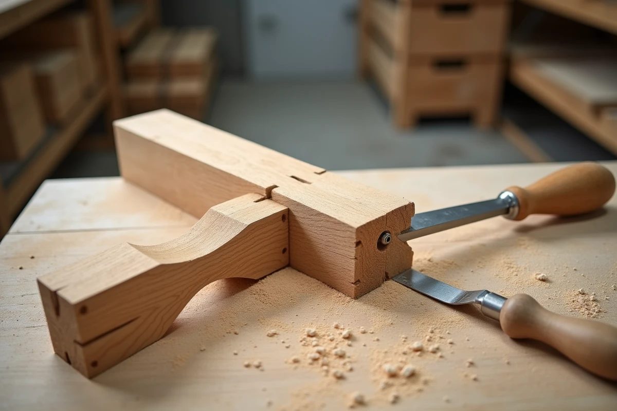 Gros plan d'un assemblage tenon et mortaise en chêne avec outils de menuiserie sur établi