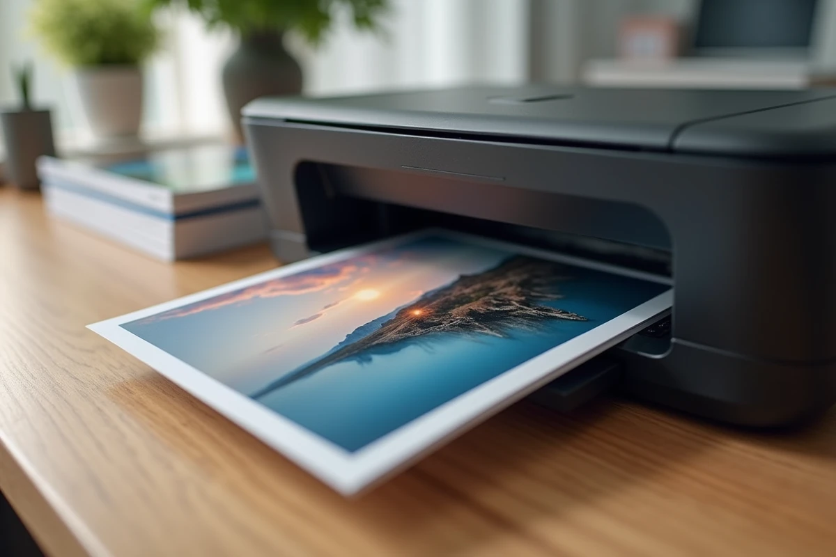 Gros plan sur un tirage photo sortant d'une imprimante photo de bureau avec des cartouches d'encre et des tirages empilés autour