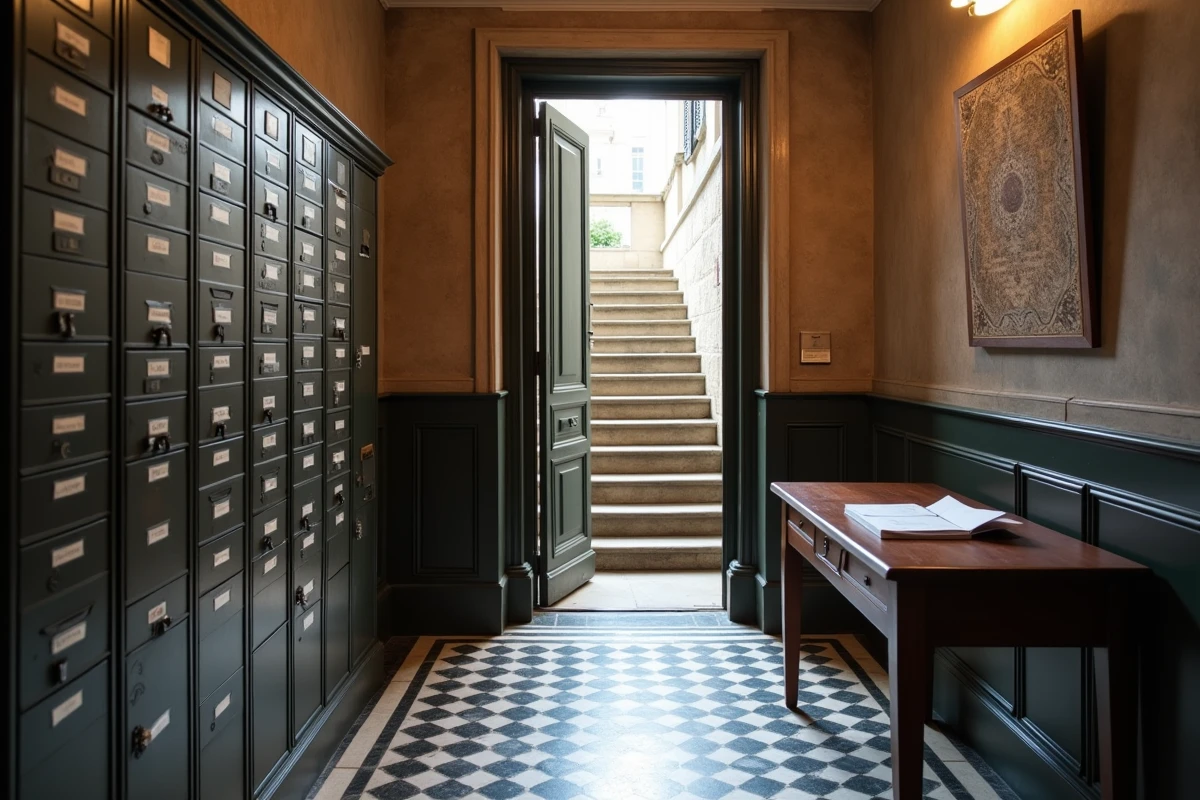 Hall d'entrée d'un immeuble haussmannien avec boîtes aux lettres et courriers administratifs attestant d'un foyer stable et continu