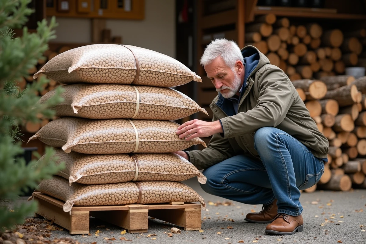 Homme vérifiant prix de pellets de bois en extérieur